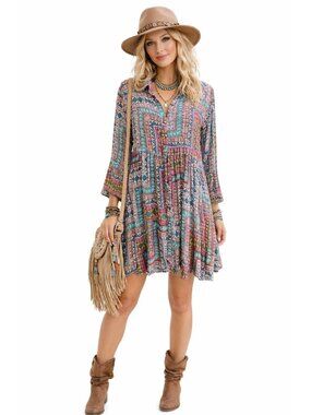 Uncle Frank Anthropologie Boho Festival Multicolor Shirt Dress Cowgirl Women M